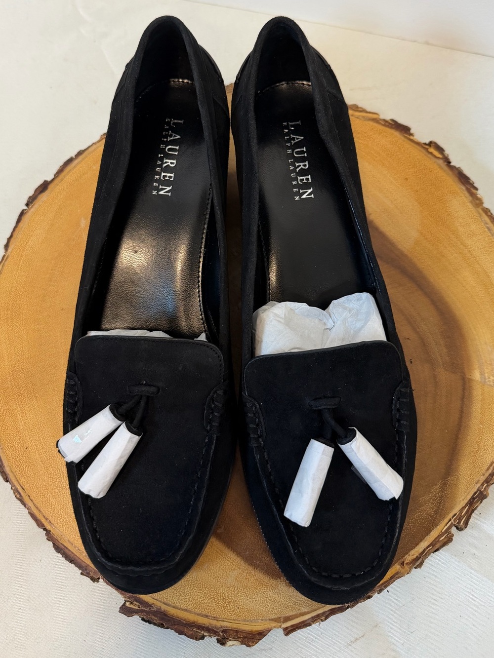 Lauren Ralph Lauren Pomona Black Suede Tassel Loafers Slip On heel Women’s 9.5